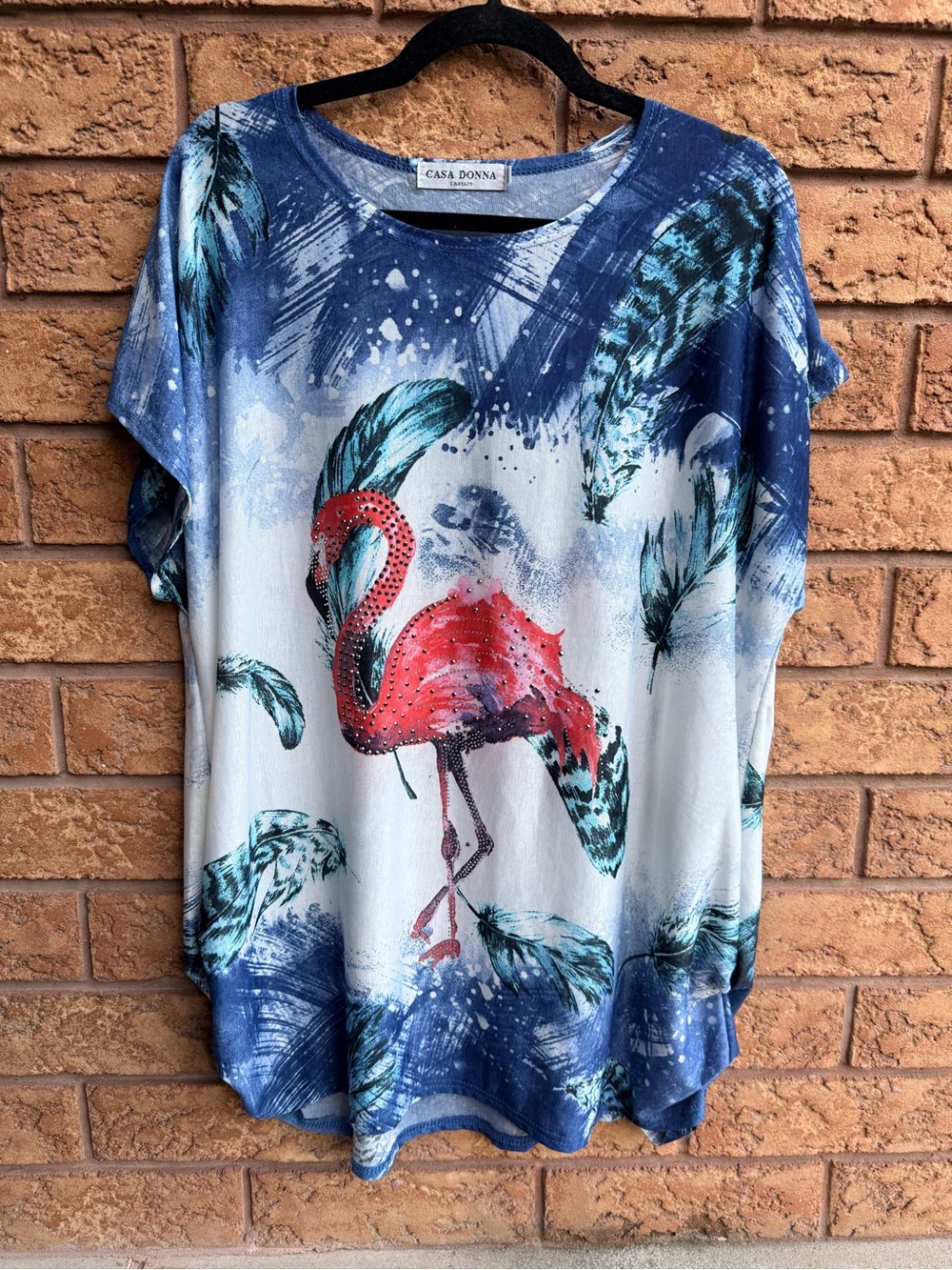 Casa Donna Embellished Flamingo & Feather Print Graphic Top